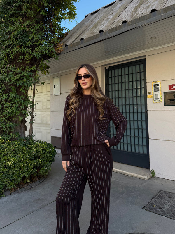 Kahverengi Taşlı Bluz Pantolon Takım - 0766