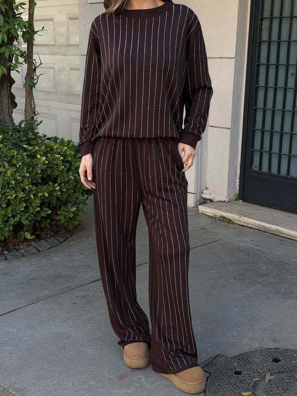 Kahverengi Taşlı Bluz Pantolon Takım - 0766