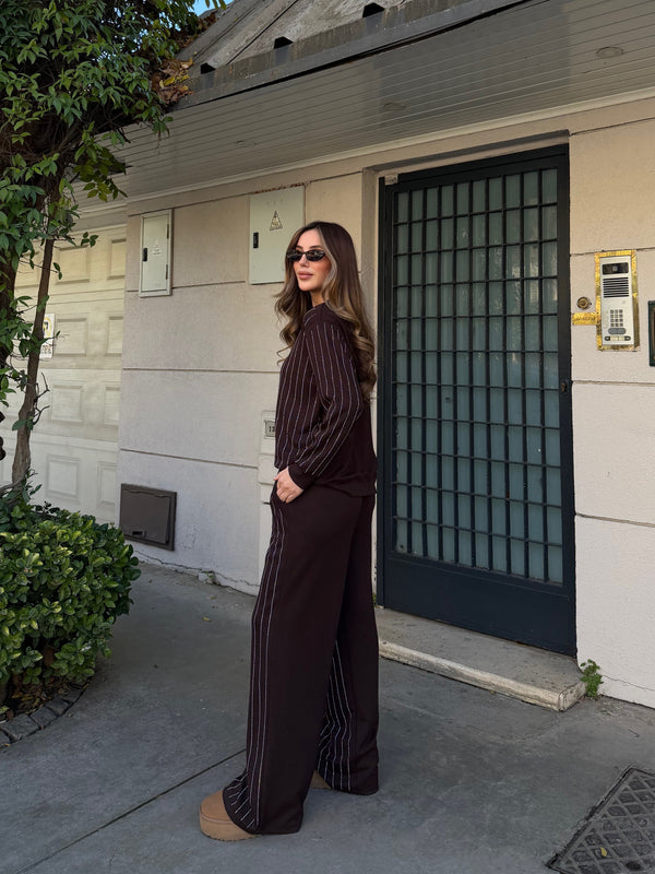 Kahverengi Taşlı Bluz Pantolon Takım - 0766