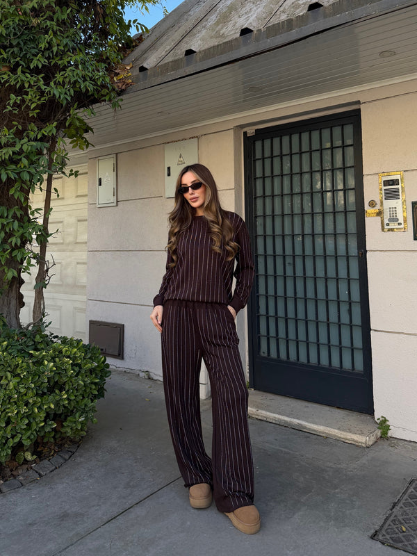 Kahverengi Taşlı Bluz Pantolon Takım - 0766