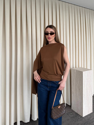 Kahverengi Tek Kol Detaylı Bluz - 103307