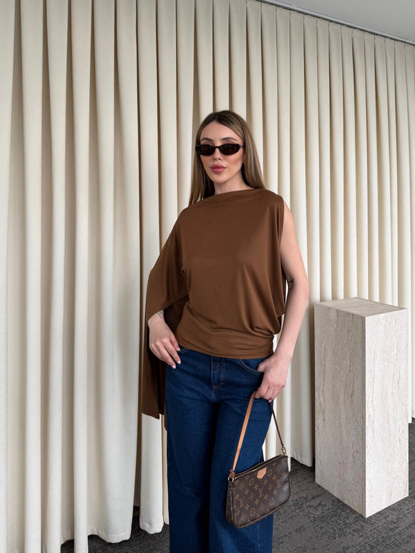 Kahverengi Tek Kol Detaylı Bluz - 103307