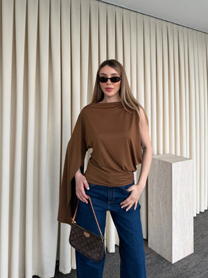 Kahverengi Tek Kol Detaylı Bluz - 103307