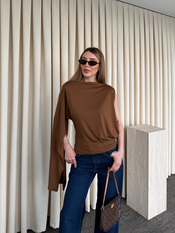 Kahverengi Tek Kol Detaylı Bluz - 103307
