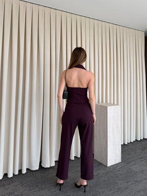 Mürdüm Tek Omuz Tasarım Yaka Bluz Pantolon Takım - 8003