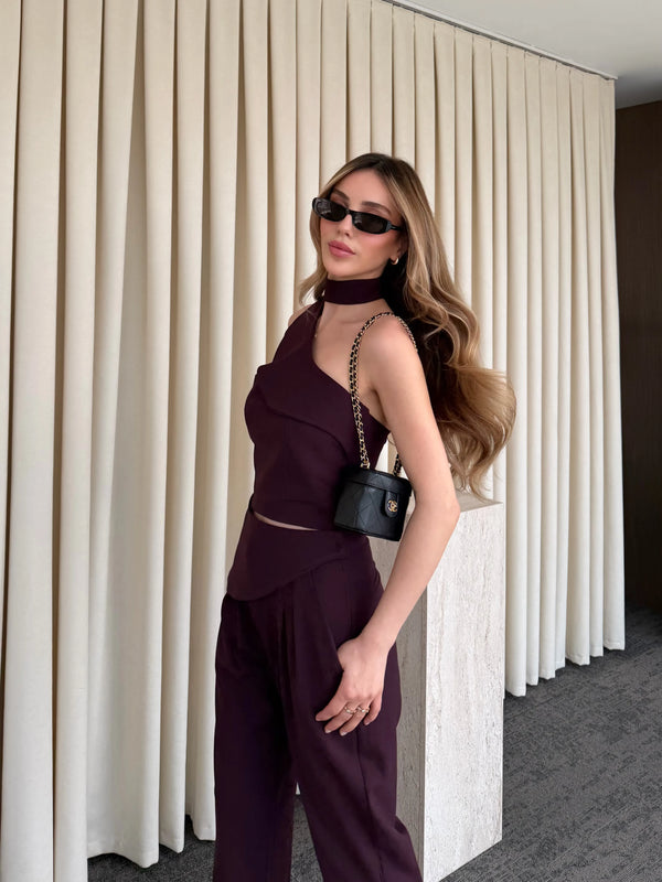 Mürdüm Tek Omuz Tasarım Yaka Bluz Pantolon Takım - 8003