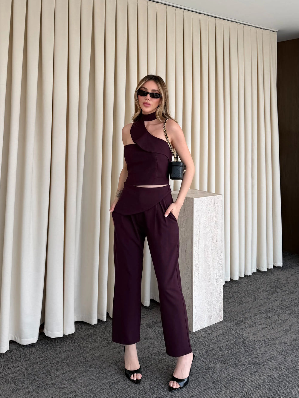 Mürdüm Tek Omuz Tasarım Yaka Bluz Pantolon Takım - 8003