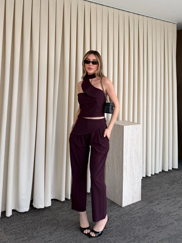 Mürdüm Tek Omuz Tasarım Yaka Bluz Pantolon Takım - 8003