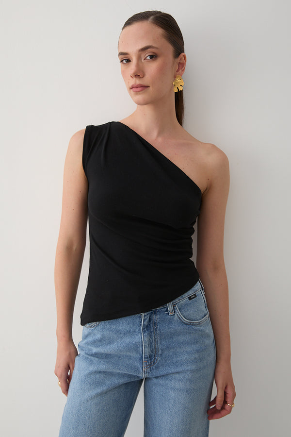Siyah Tek Omzu Açık Asimetrik Bluz - 251006