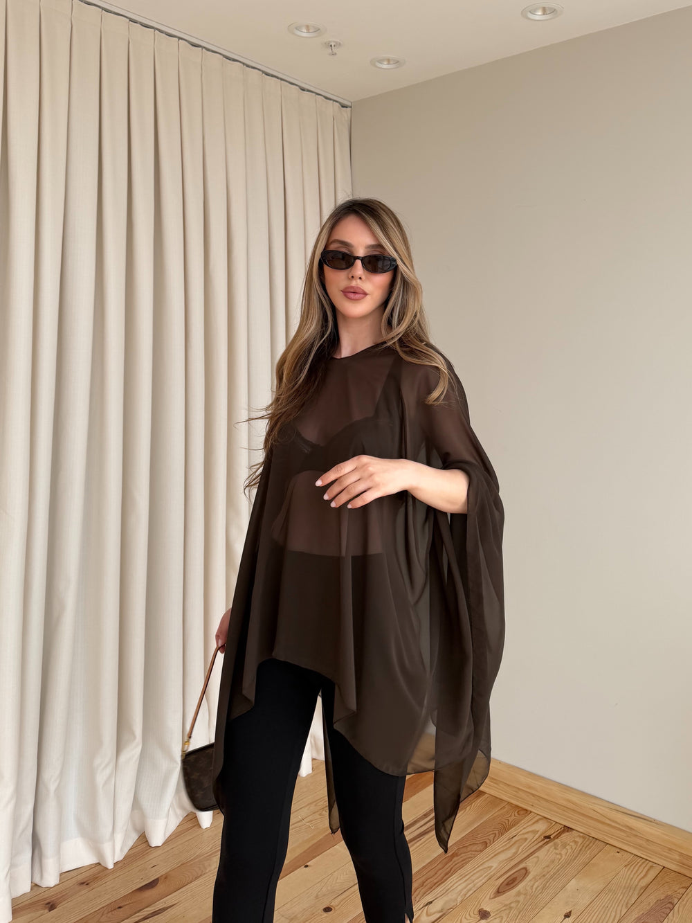 Açık Kahverengi Transparan Şifon Bluz - 5070