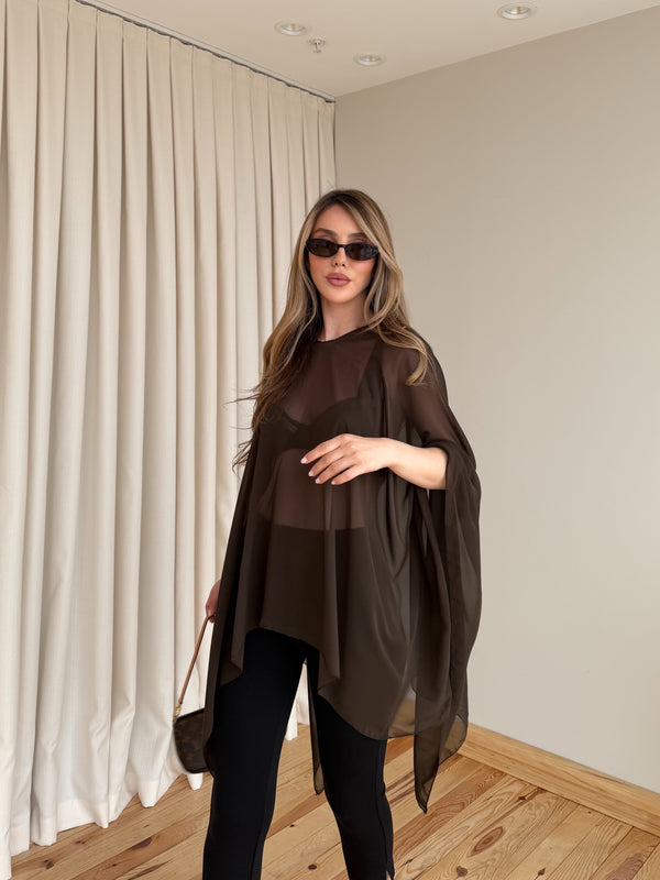 Açık Kahverengi Transparan Şifon Bluz - 5070