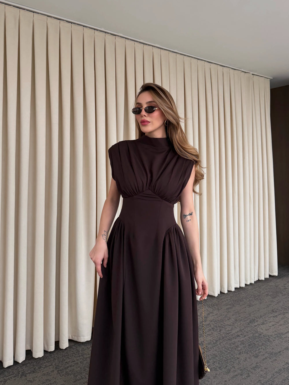 Kahverengi Vatkalı Elbise - 25193