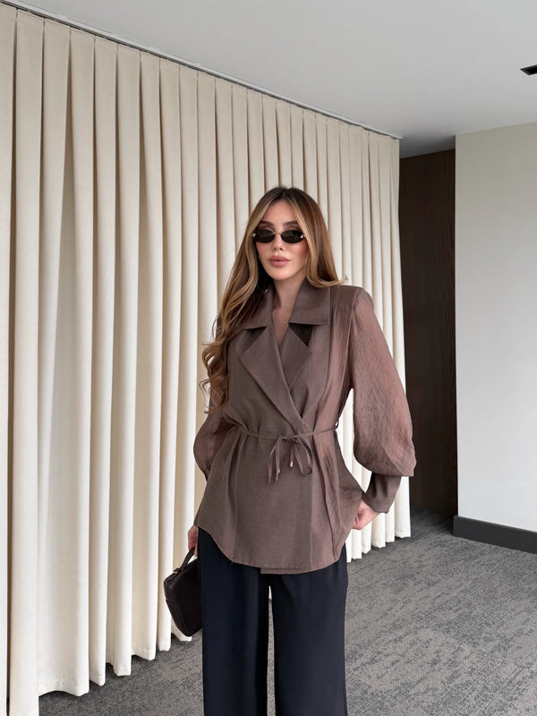 Kahverengi Vatkalı Transparan Gömlek - 5029