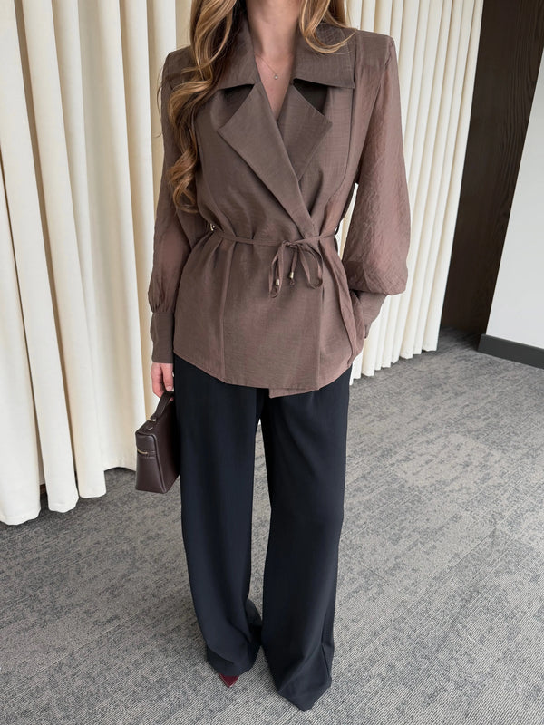 Kahverengi Vatkalı Transparan Gömlek - 5029