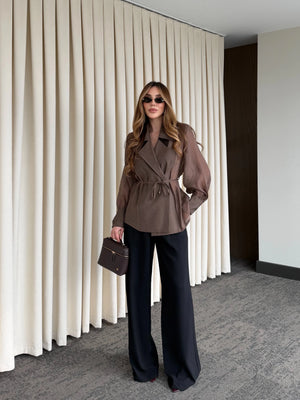 Kahverengi Vatkalı Transparan Gömlek - 5029