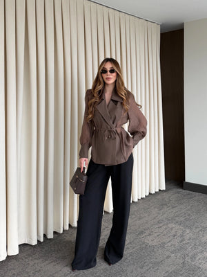 Kahverengi Vatkalı Transparan Gömlek - 5029