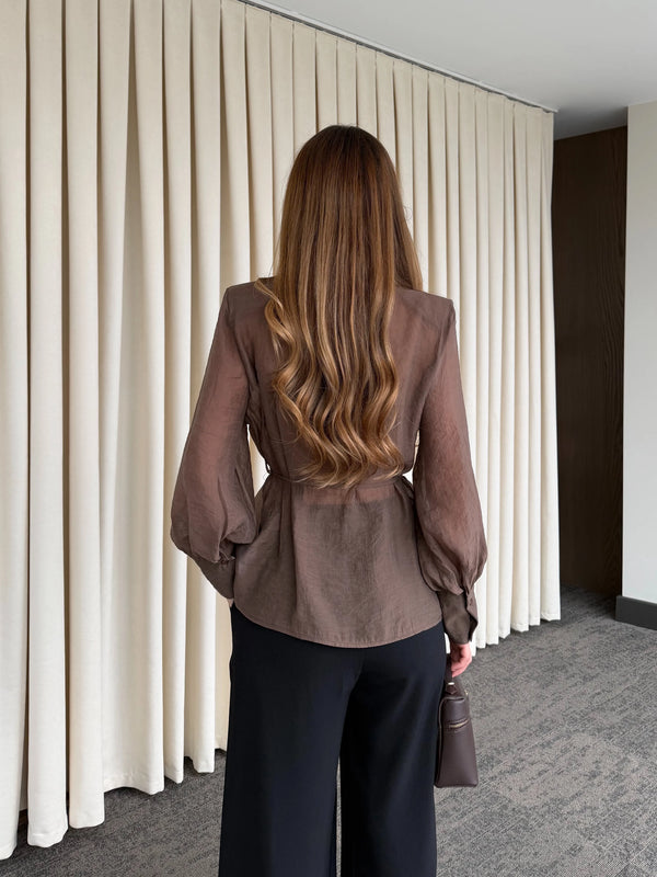 Kahverengi Vatkalı Transparan Gömlek - 5029