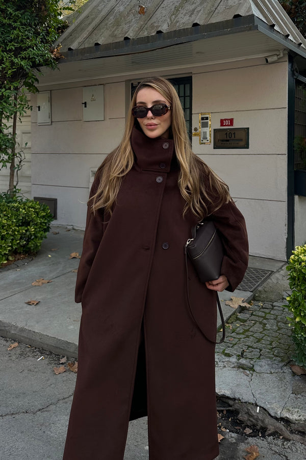 Kahverengi Vittoria Düğmeli Yaka Kaban - 2511