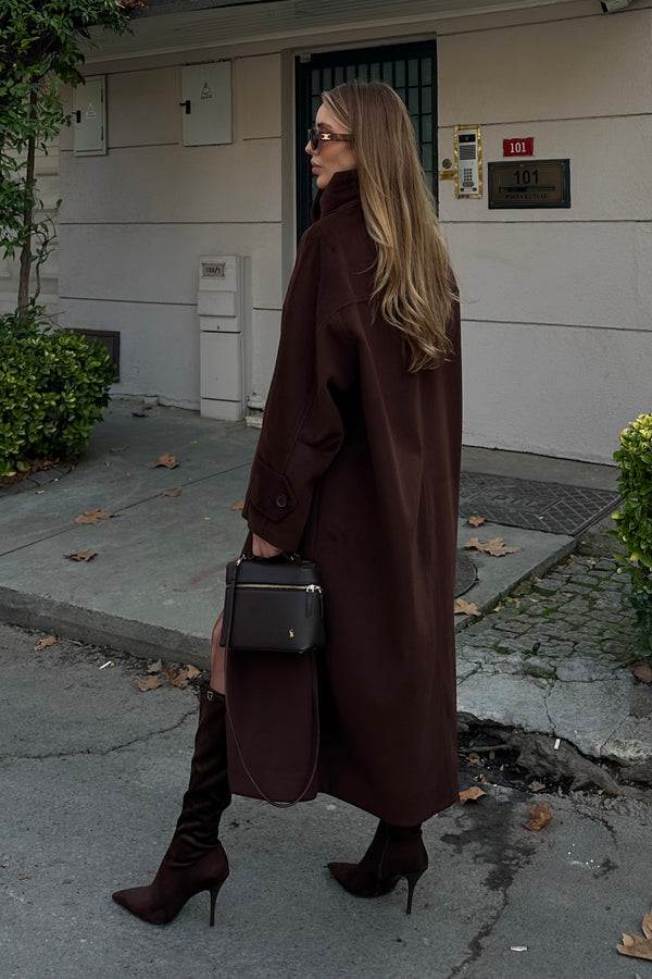 Kahverengi Vittoria Düğmeli Yaka Kaban - 2511