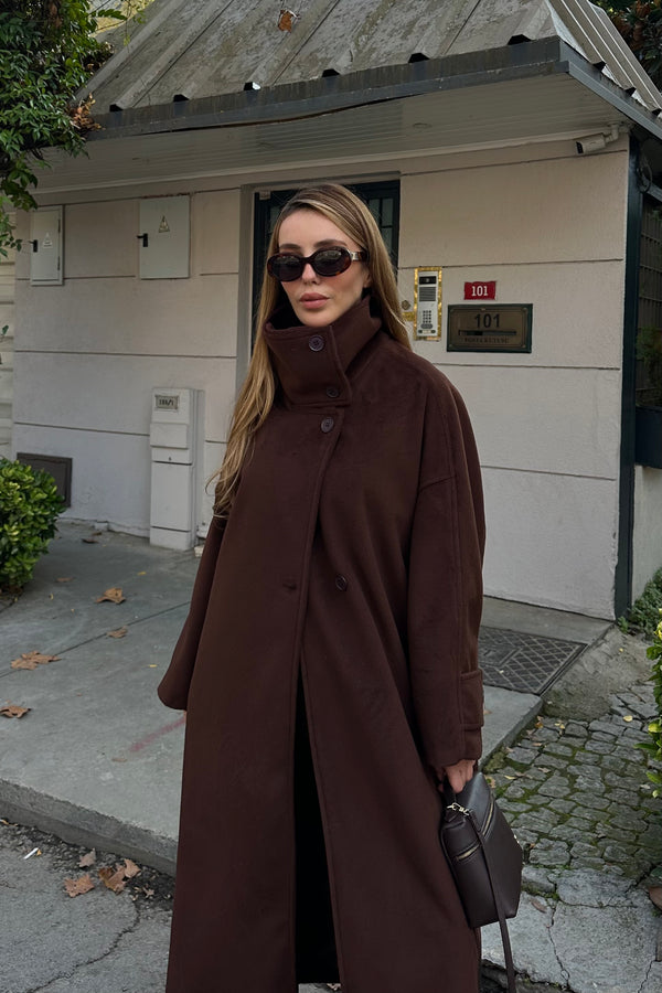 Kahverengi Vittoria Düğmeli Yaka Kaban - 2511