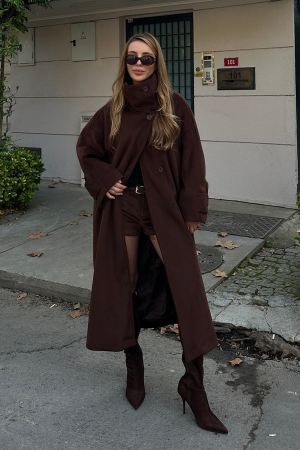 Kahverengi Vittoria Düğmeli Yaka Kaban - 2511