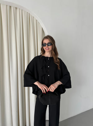 Siyah Yarasa Kol Bağcık Düğme Detaylı Takım