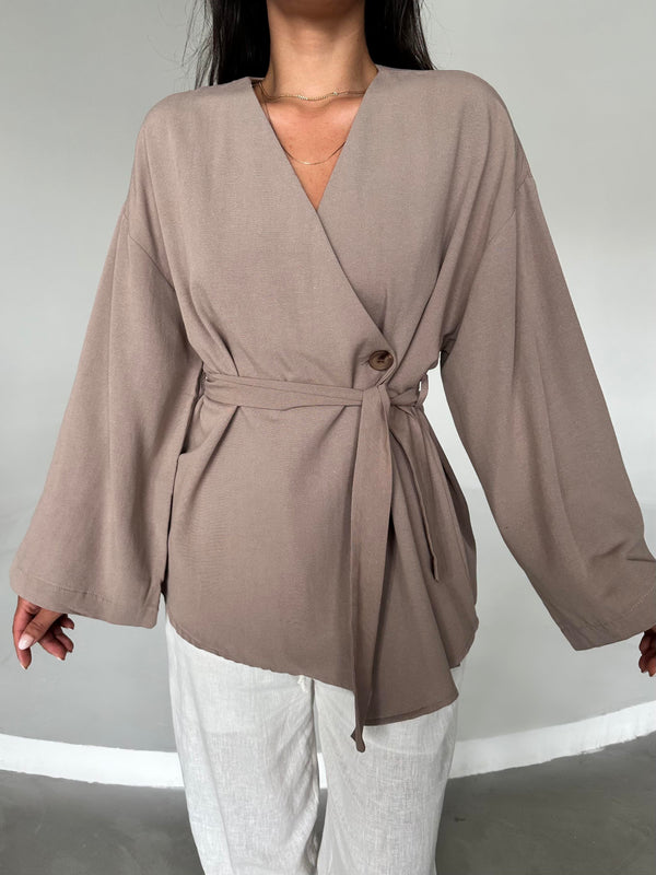 Sütlü Kahve Düğme Detaylı Kemerli Kimono - 005