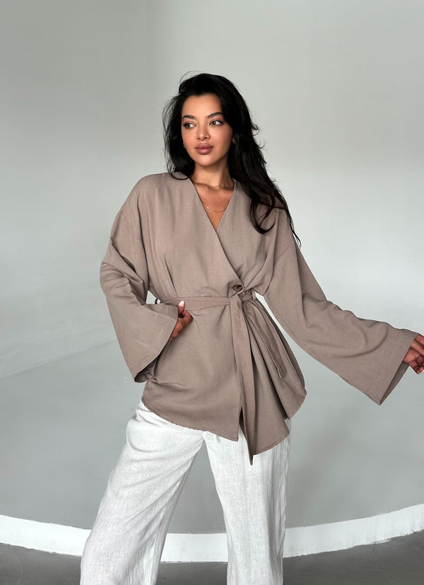Sütlü Kahve Düğme Detaylı Kemerli Kimono - 005