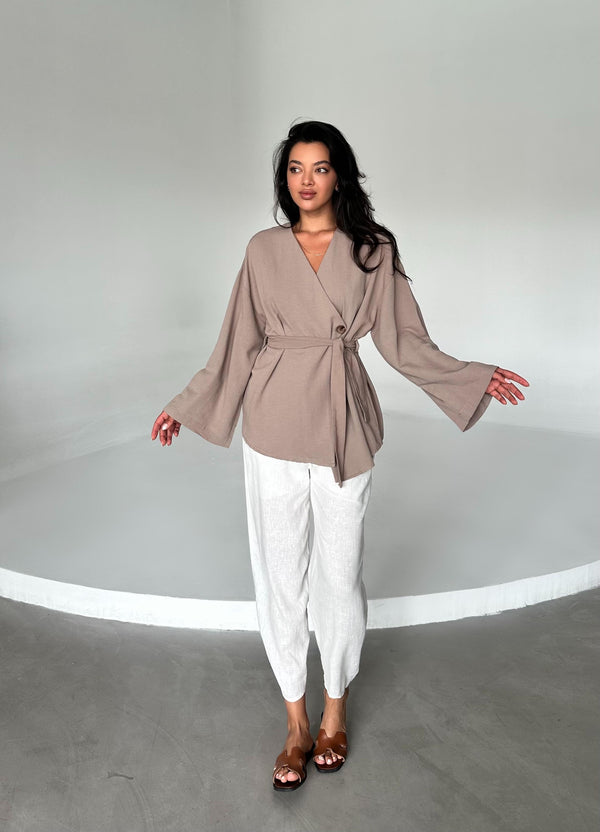 Sütlü Kahve Düğme Detaylı Kemerli Kimono - 005