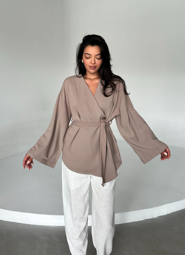 Sütlü Kahve Düğme Detaylı Kemerli Kimono - 005