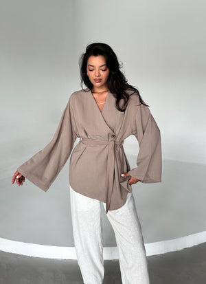 Sütlü Kahve Düğme Detaylı Kemerli Kimono - 005