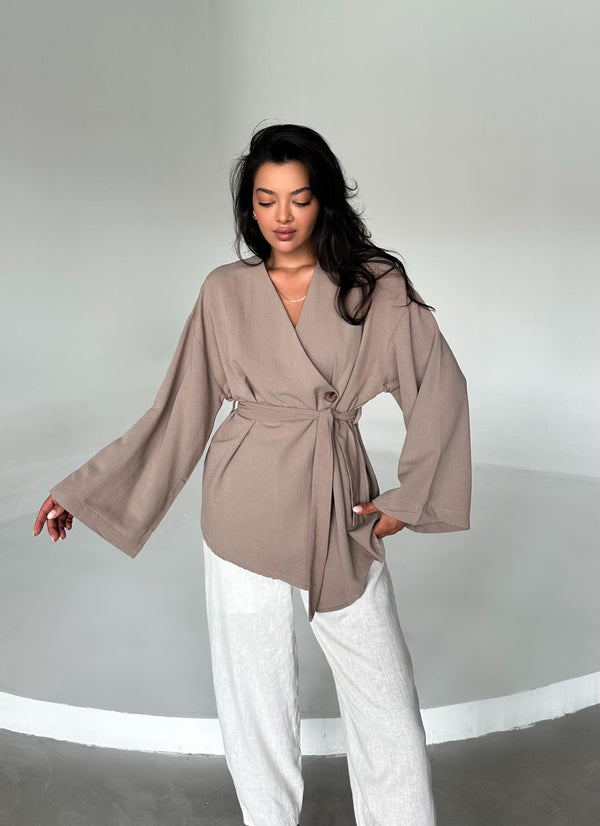 Sütlü Kahve Düğme Detaylı Kemerli Kimono - 005