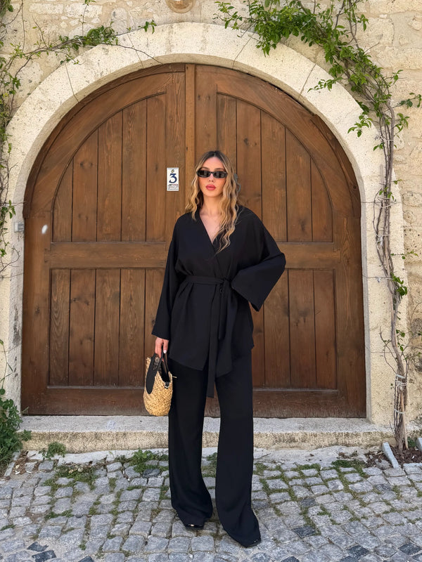 Siyah Tek Düğmeli Kuşaklı Kimono Takım - 007