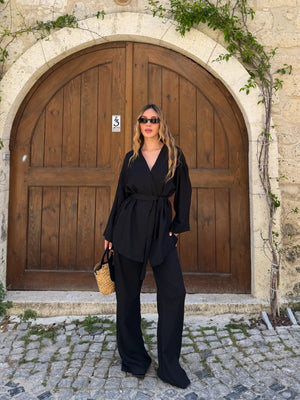 Siyah Tek Düğmeli Kuşaklı Kimono Takım - 007