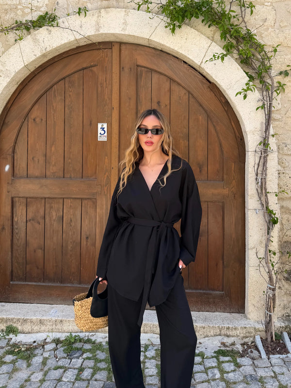 Siyah Tek Düğmeli Kuşaklı Kimono Takım - 007