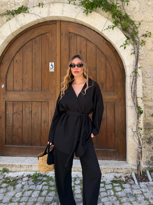 Siyah Tek Düğmeli Kuşaklı Kimono Takım - 007
