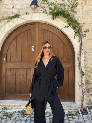 Siyah Tek Düğmeli Kuşaklı Kimono Takım - 007