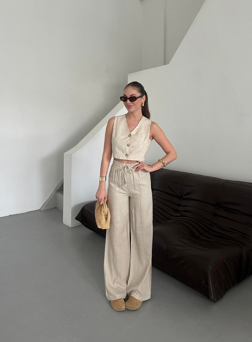Taş %100 Keten Palazzo Pantolon