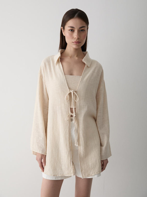 Taş %100 Pamuk Keten Bağcık Detaylı Kimono Bluz