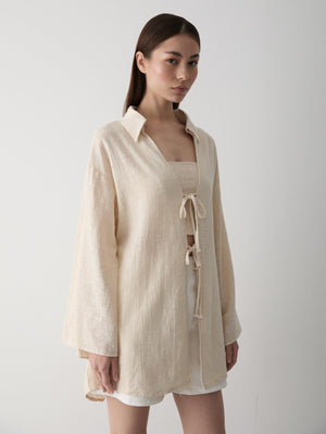 Taş %100 Pamuk Keten Bağcık Detaylı Kimono Bluz