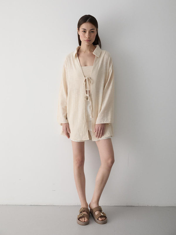 Taş %100 Pamuk Keten Bağcık Detaylı Kimono Bluz