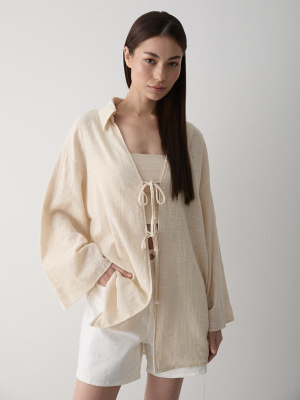 Taş %100 Pamuk Keten Bağcık Detaylı Kimono Bluz