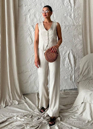 Taş %100 Pamuk Lavin Keten Yelek Pantolon Takım