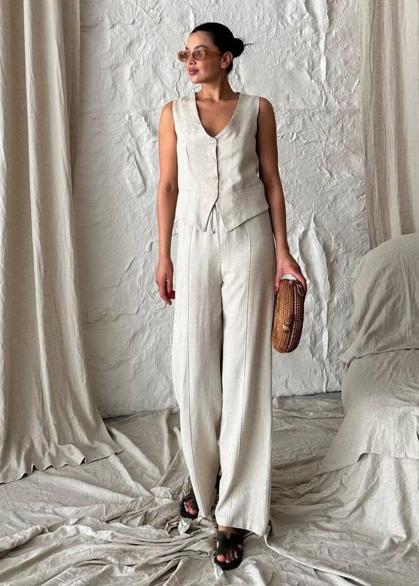 Taş %100 Pamuk Lavin Keten Yelek Pantolon Takım