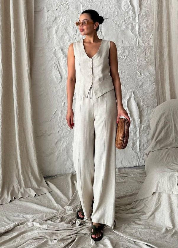 Taş %100 Pamuk Lavin Keten Yelek Pantolon Takım