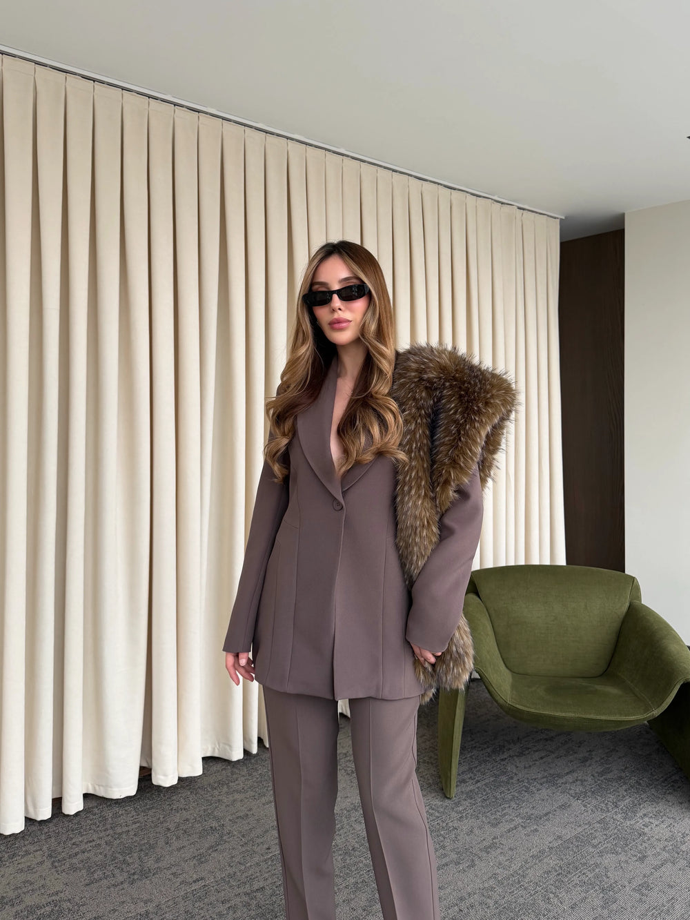 Kahverengi Belden Oturtma Blazer Ceket - 9684