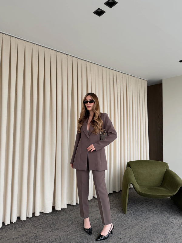 Kahverengi Belden Oturtma Blazer Ceket - 9684