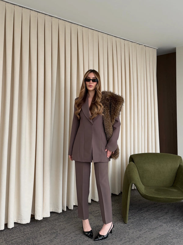 Kahverengi Belden Oturtma Blazer Ceket - 9684