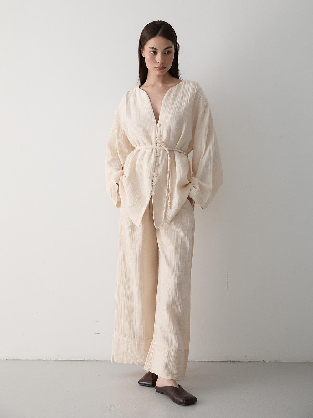 Taş Çok Düğmeli %100 Pamuk Gömlek Pantolon Takım