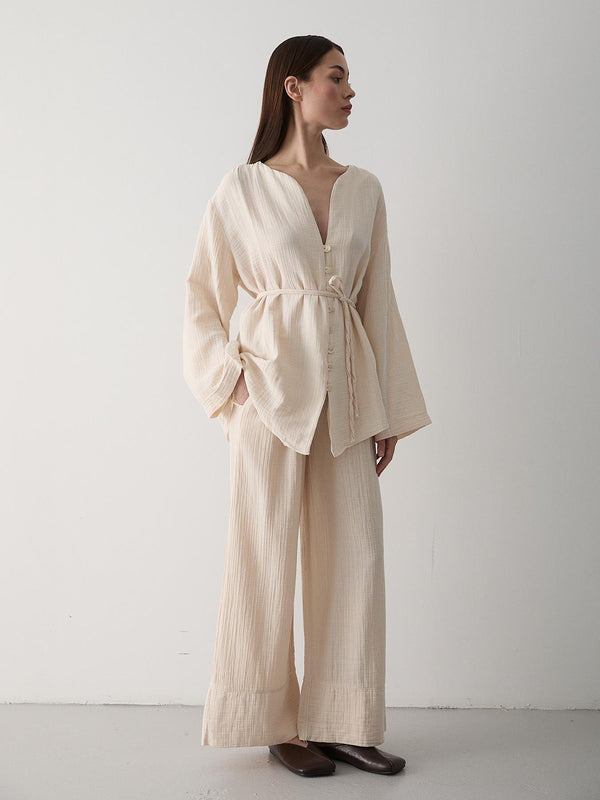 Taş Çok Düğmeli %100 Pamuk Gömlek Pantolon Takım